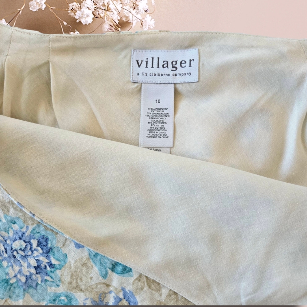 Linen Skirt, Pale Gold & Blue Floral Midi, Shabby Casual Cottagecore Coquette - Picture 4 of 10